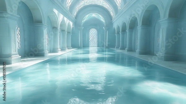 Fototapeta A serene, ethereal indoor space with a tranquil water pool and elegant architectural arches.
