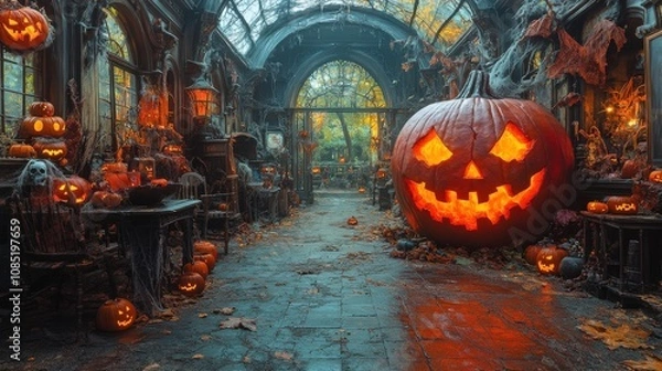 Obraz A spooky, autumn-themed interior with large pumpkins and Halloween decorations.