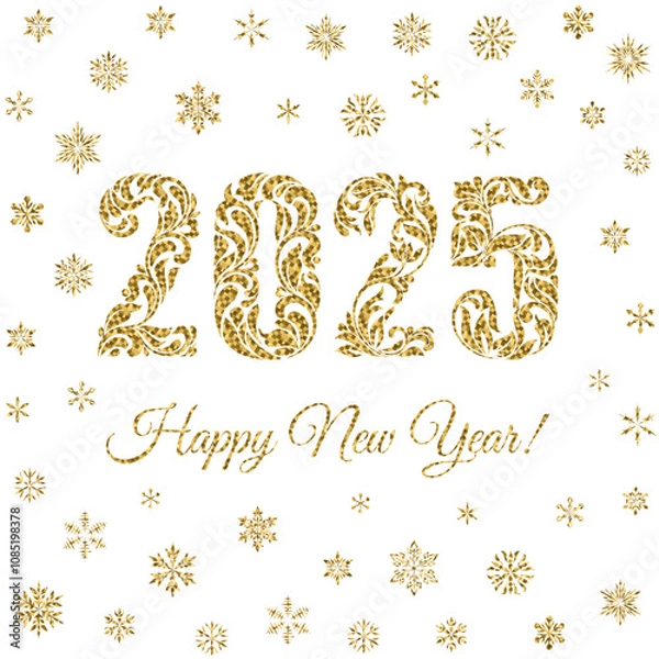 Fototapeta Happy New Year 2025. The figures from a floral ornament with golden glitter and snowflakes isolated on a white background.