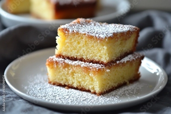 Fototapeta Deliciously Soft and Fluffy Cake Slices with Powdered Sugar Topping