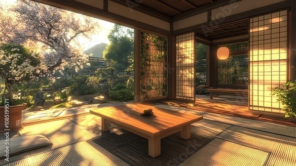 Fototapeta A serene Japanese interior with a garden view and natural light.