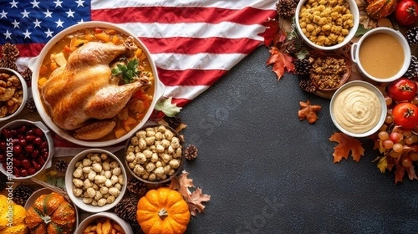 Obraz Top view of a Thanksgiving spread with traditional dishes, with a faded American flag in the background,