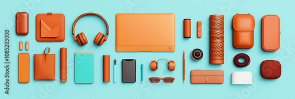Fototapeta digital nomad home concept. flat lay of essential digital nomad tech gear in vibrant orange tones