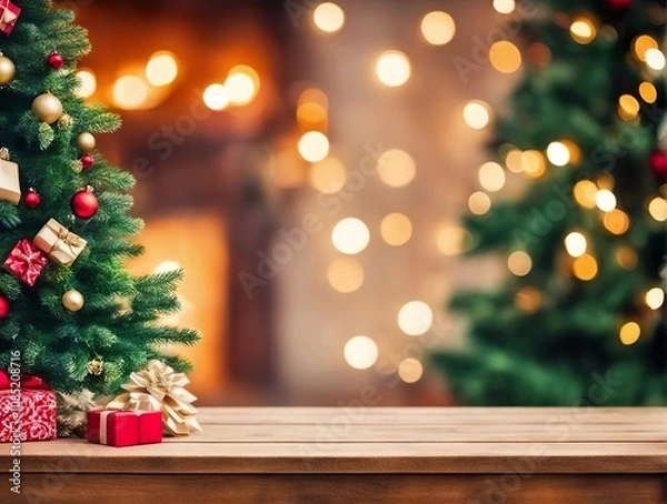 Fototapeta Empty Christmas Table Background With Christmas Tree For Product Display Montage
