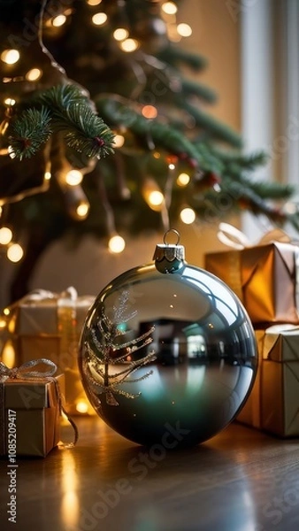 Fototapeta A stunning, classic depiction of a Christmas tree adorned with vibrant red and gold ornaments, sparkling lights, and a large golden star with a red ribbon as the tree topper. The tree is surrounded by