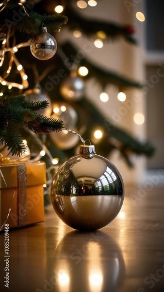 Fototapeta A stunning, classic depiction of a Christmas tree adorned with vibrant red and gold ornaments, sparkling lights, and a large golden star with a red ribbon as the tree topper. The tree is surrounded by