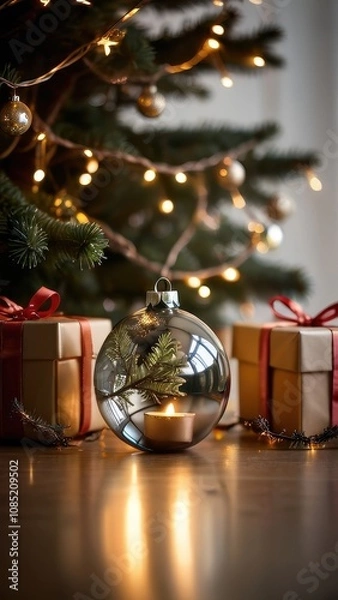 Fototapeta A stunning, classic depiction of a Christmas tree adorned with vibrant red and gold ornaments, sparkling lights, and a large golden star with a red ribbon as the tree topper. The tree is surrounded by