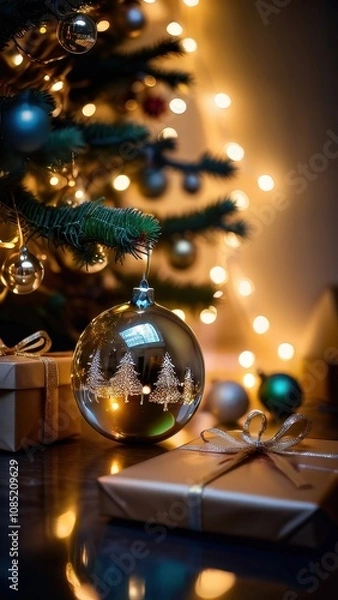 Fototapeta A stunning, classic depiction of a Christmas tree adorned with vibrant red and gold ornaments, sparkling lights, and a large golden star with a red ribbon as the tree topper. The tree is surrounded by