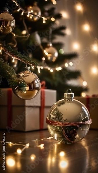 Fototapeta A stunning, classic depiction of a Christmas tree adorned with vibrant red and gold ornaments, sparkling lights, and a large golden star with a red ribbon as the tree topper. The tree is surrounded by