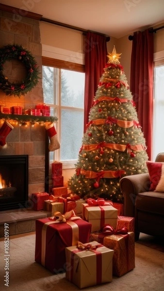 Fototapeta A stunning, classic depiction of a Christmas tree adorned with vibrant red and gold ornaments, sparkling lights, and a large golden star with a red ribbon as the tree topper. The tree is surrounded by