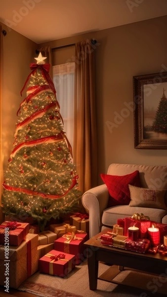 Fototapeta A stunning, classic depiction of a Christmas tree adorned with vibrant red and gold ornaments, sparkling lights, and a large golden star with a red ribbon as the tree topper. The tree is surrounded by