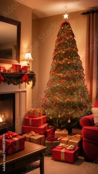 Fototapeta A stunning, classic depiction of a Christmas tree adorned with vibrant red and gold ornaments, sparkling lights, and a large golden star with a red ribbon as the tree topper. The tree is surrounded by