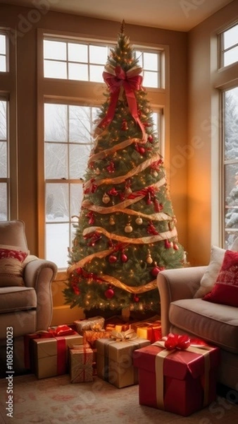 Fototapeta A stunning, classic depiction of a Christmas tree adorned with vibrant red and gold ornaments, sparkling lights, and a large golden star with a red ribbon as the tree topper. The tree is surrounded by