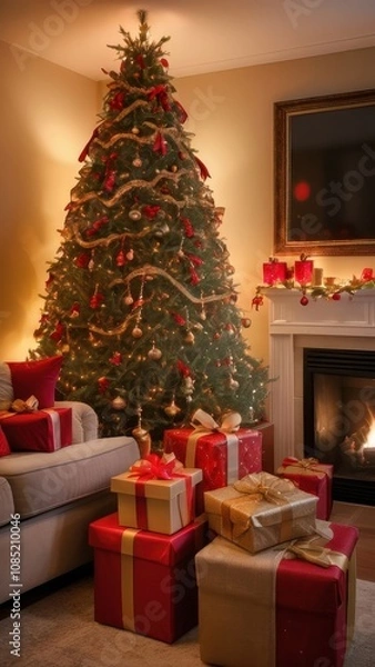 Fototapeta A stunning, classic depiction of a Christmas tree adorned with vibrant red and gold ornaments, sparkling lights, and a large golden star with a red ribbon as the tree topper. The tree is surrounded by