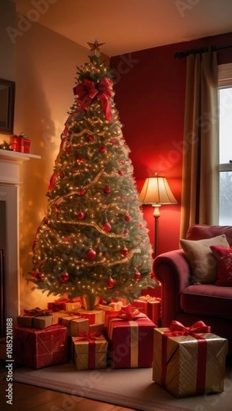 Fototapeta A stunning, classic depiction of a Christmas tree adorned with vibrant red and gold ornaments, sparkling lights, and a large golden star with a red ribbon as the tree topper. The tree is surrounded by