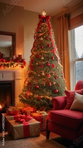 Fototapeta A stunning, classic depiction of a Christmas tree adorned with vibrant red and gold ornaments, sparkling lights, and a large golden star with a red ribbon as the tree topper. The tree is surrounded by