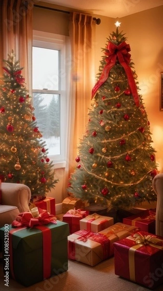 Fototapeta A stunning, classic depiction of a Christmas tree adorned with vibrant red and gold ornaments, sparkling lights, and a large golden star with a red ribbon as the tree topper. The tree is surrounded by