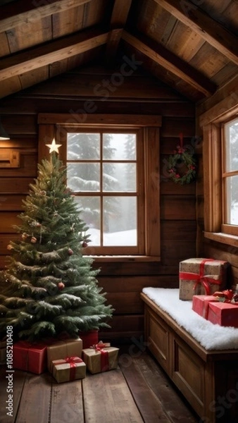 Fototapeta A stunning, classic depiction of a Christmas tree adorned with vibrant red and gold ornaments, sparkling lights, and a large golden star with a red ribbon as the tree topper. The tree is surrounded by