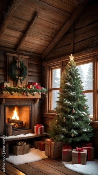 Fototapeta A stunning, classic depiction of a Christmas tree adorned with vibrant red and gold ornaments, sparkling lights, and a large golden star with a red ribbon as the tree topper. The tree is surrounded by