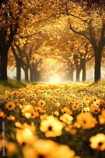 Fototapeta Golden hour sunbeams illuminate a path lined with trees, leading to a field of vibrant yellow flowers.