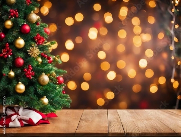 Fototapeta Empty Christmas Table Background With Christmas Tree For Product Display Montage.