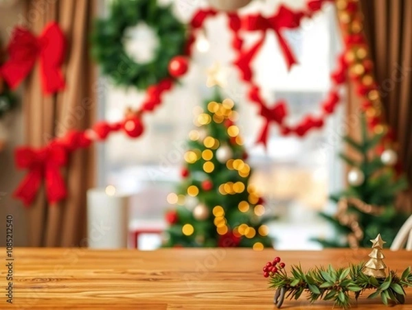 Fototapeta Empty Christmas Table Background With Christmas Tree For Product Display Montage.