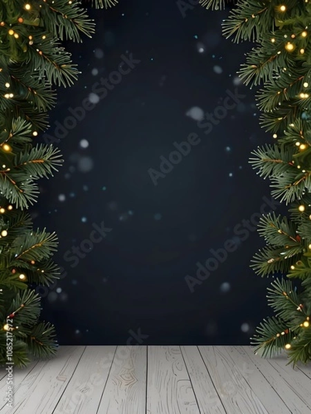 Fototapeta Minimalistic New Year's Background with Christmas Tree Branches and Bokeh