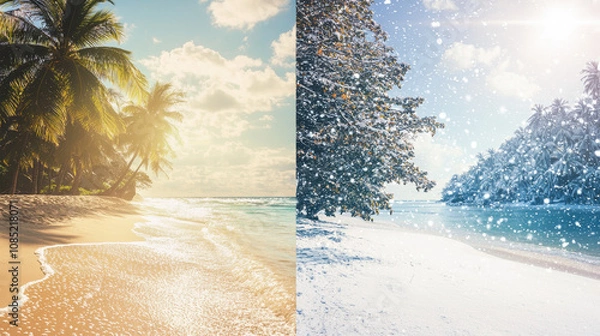 Obraz Split Screen of Summer Beach and Winter Wonderland