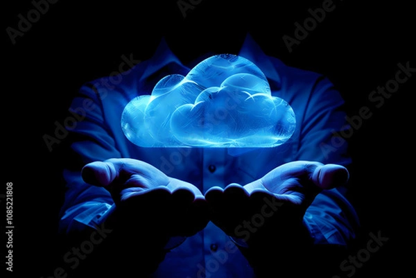 Fototapeta Cloud Computing: A businessman holds a glowing blue cloud in his cupped hands, symbolizing the power and potential of cloud computing. This image evokes a sense of innovation, accessibility.