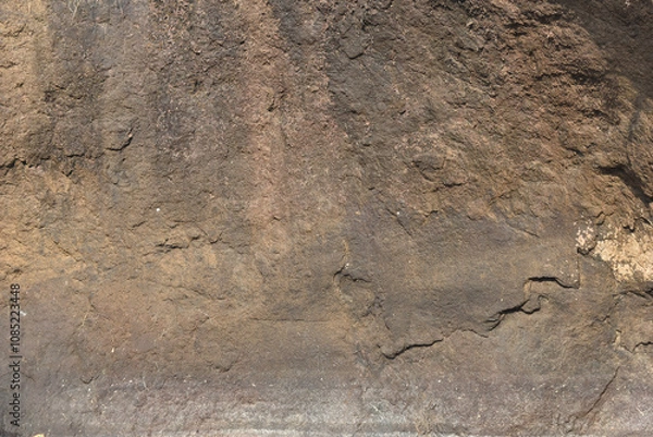 Fototapeta Close-up of a rough and textured rock surface. Raw stone surface showing organic shapes and lines. Earthy rock texture ideal for backgrounds or designs.