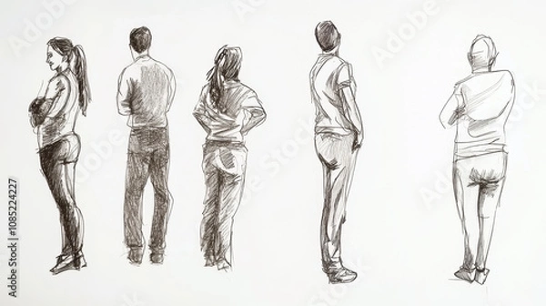 Obraz People Standing in Various Poses Sketch Illustration