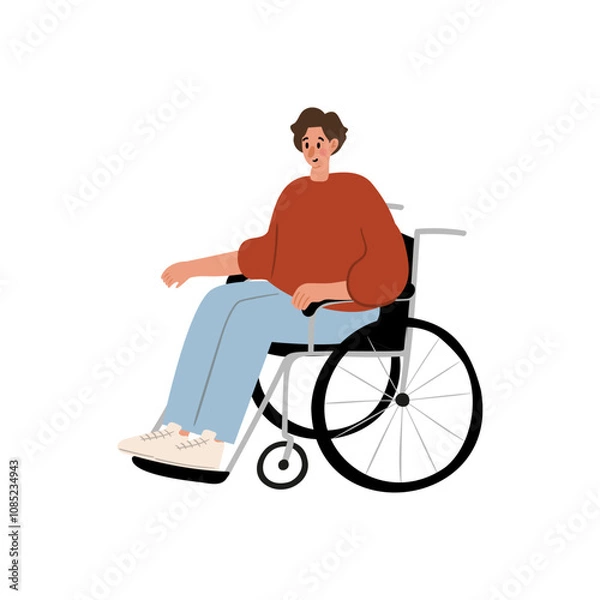 Fototapeta Cute vector illustration of man, diverse character in everyday urban scenes. People walking dogs, using wheelchair, pushing stroller. Couples, families, individuals of various ages and ethnicities.