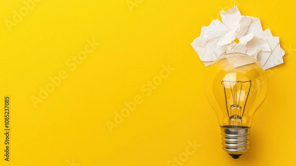 Fototapeta Crumpled paper and light bulb symbolize creative ideas on bright yellow background, inspiring innovation and imagination