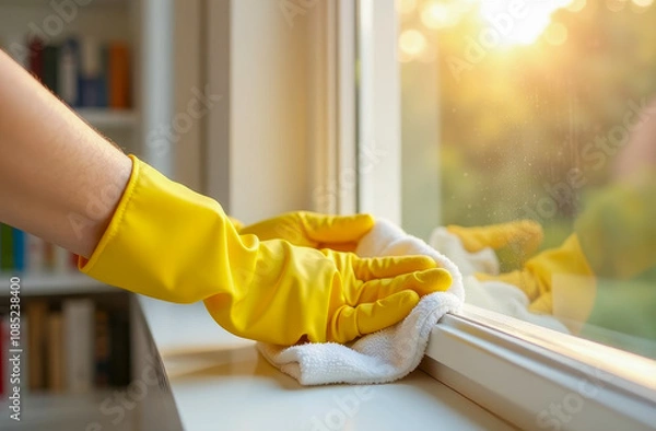 Obraz Female hands in yellow gloves with a white rag for washing windows. White interior against the background of bookshelves. Close-up