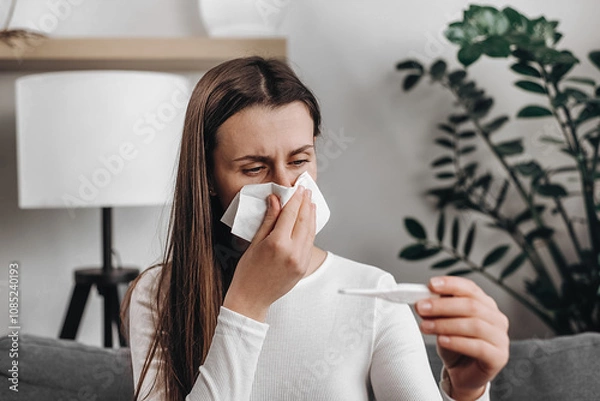 Obraz Health care with disease, pandemic virus. Sick influenza young woman tired have fever and sore cough hand holding thermometer for check measure body temperature, illness while rest on sofa at home