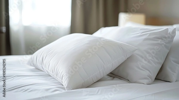 Obraz Two white pillows on a bed with white sheets.