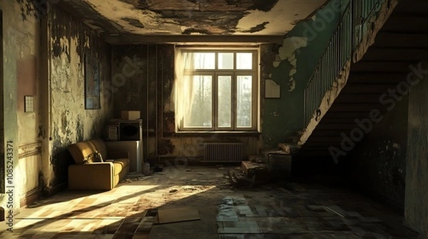 Fototapeta Sunlit Interior of a Decaying Building with a Damaged Staircase