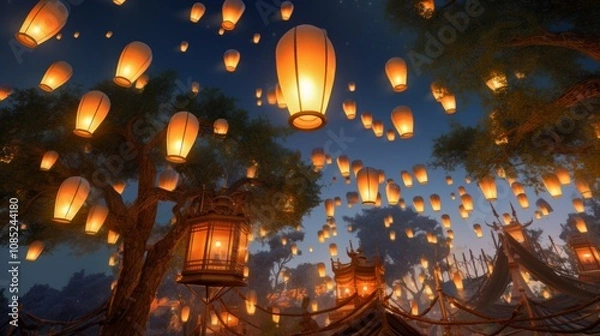 Fototapeta Sky Filled with Glowing Lanterns at Celebration.