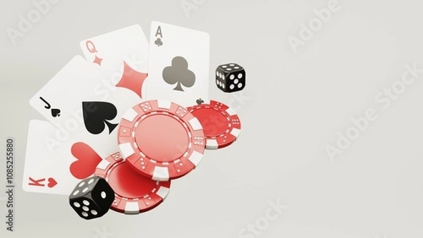 Fototapeta Casino chips, cubes, roulette, drum  on light wite background with with crown and goblet- 3d render. Flying chip for online casinos and mobile gambling applications, poker - winner, wealth concept.