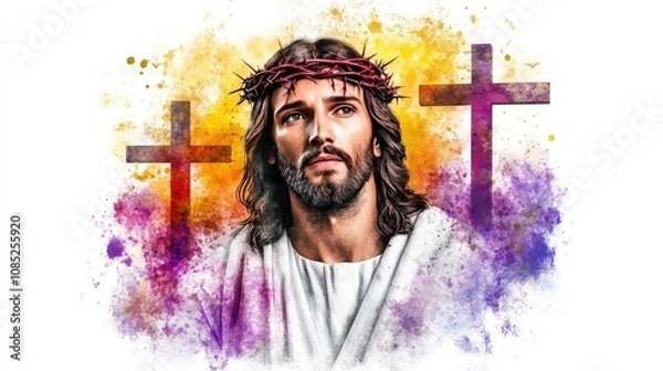 Obraz A minimalist watercolor of Jesus wearing a crown of thorns, framed by three crosses on a serene landscape background.