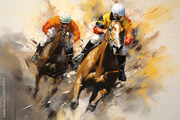 Fototapeta generated Illustration painting of horses with jockeys on them