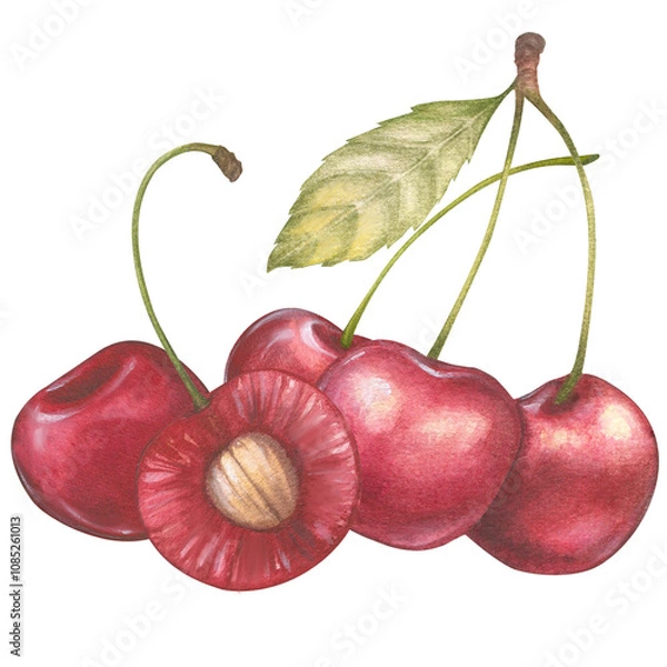 Fototapeta Watercolor illustration of a cherry or sweet cherry on a branch with a leaf. Cut cherry with pit. Food, botanical hand drawn illustration. Isolated. For design of packaging, textile and clothing