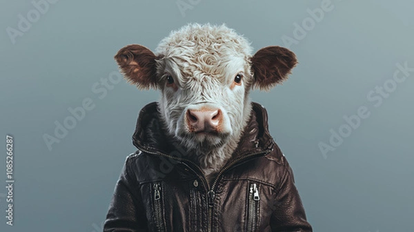 Obraz cow wearing leather jacket poses confidently against neutral background, showcasing unique blend of animal and fashion. This whimsical image captures attention and sparks joy