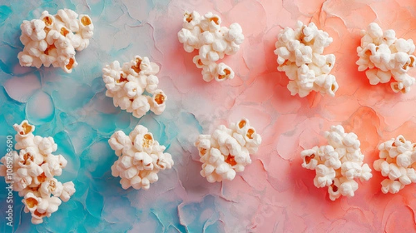 Fototapeta Popcorn arranged on a watercolor background as floral patterns, dreamy artistic style