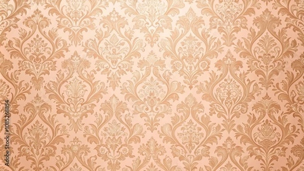 Obraz Soft peachy pink damask patterned wallpaper with intricate gold trim and subtle texture, gold accent, classic design, soft peach color, wall art, damask patterns