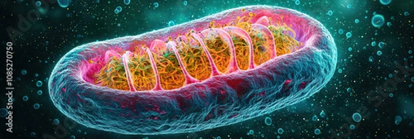 Obraz Mitochondrion structure with intricate details, showcasing energy production within cell. vibrant colors highlight its importance in cellular respiration and metabolism