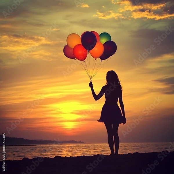 Fototapeta A silhouette of a girl holding colorful balloons against a vibrant sunset sky over the ocean, creating a serene and joyful atmosphere.