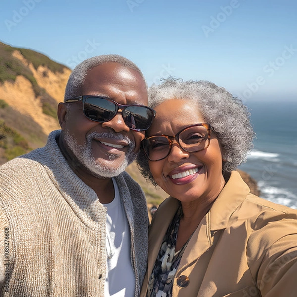 Fototapeta A joyful couple poses for a selfie against a scenic ocean backdrop, showcasing love and happiness while enjoying a sunny day outdoors.