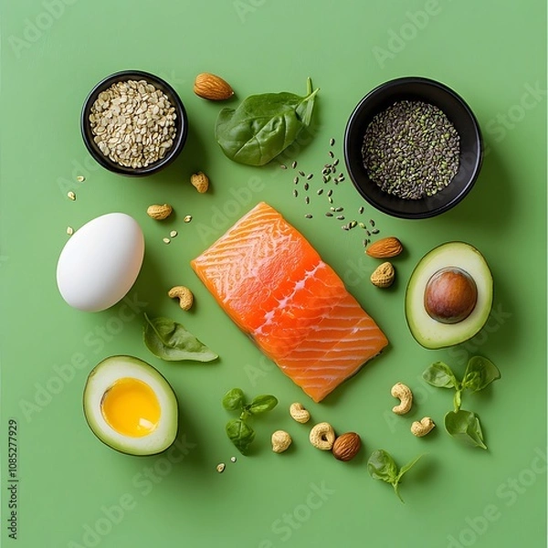 Fototapeta A vibrant arrangement of healthy ingredients including salmon, avocado, egg, nuts, and herbs on a green background, emphasizing nutritious eating.