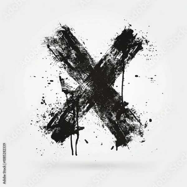 Obraz Abstract black 'X' brushstroke with rough edges on a white background. Modern grunge art element for creative design. Generative AI